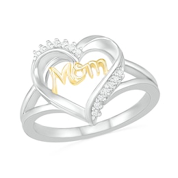 0.065 CT. T.W. Diamond &quot;Mom&quot; Heart Outline Ring in Sterling Silver and 10K Gold