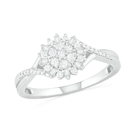0.23 CT. T.W. Composite Baguette and Round Diamond Split Shank Flower Promise Ring in Sterling Silver