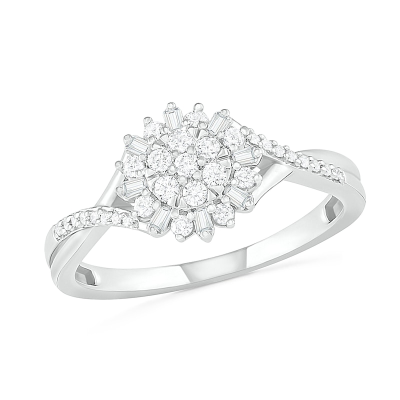 0.23 CT. T.W. Composite Baguette and Round Diamond Split Shank Flower Promise Ring in Sterling Silver