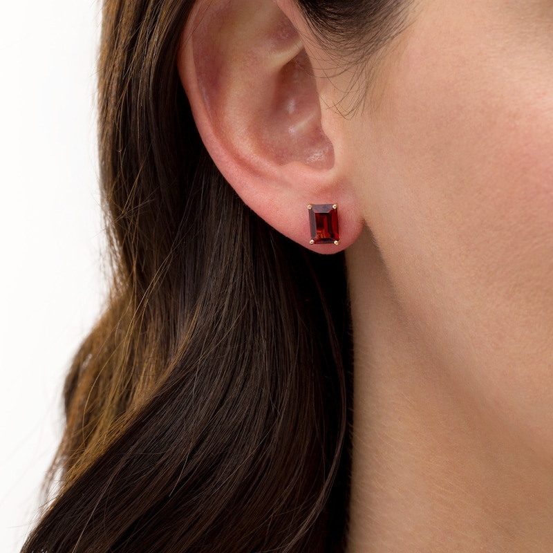 Main Image 2 of Emerald-Cut Garnet Solitaire Stud Earrings in 10K Gold