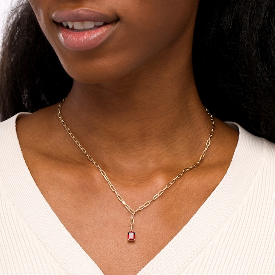 Emerald-Cut Garnet Solitaire and Paper Clip Chain "Y" Necklace in 10K Gold