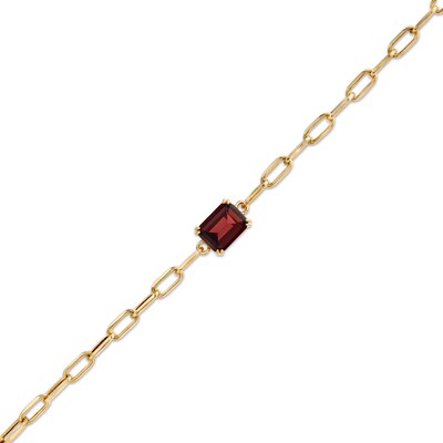 Emerald-Cut Garnet Solitaire and Paper Clip Chain Bracelet in 10K Gold - 7.25"