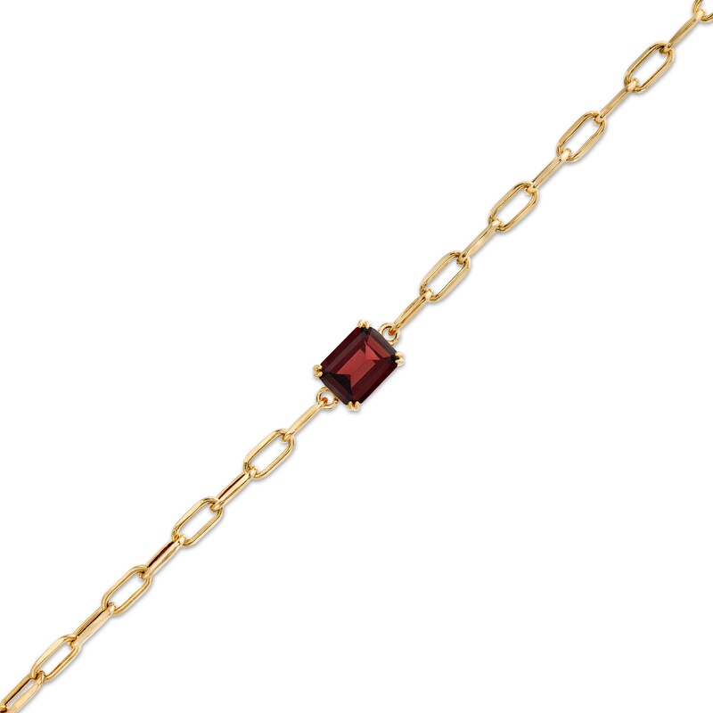 Main Image 1 of Emerald-Cut Garnet Solitaire and Paper Clip Chain Bracelet in 10K Gold - 7.25"