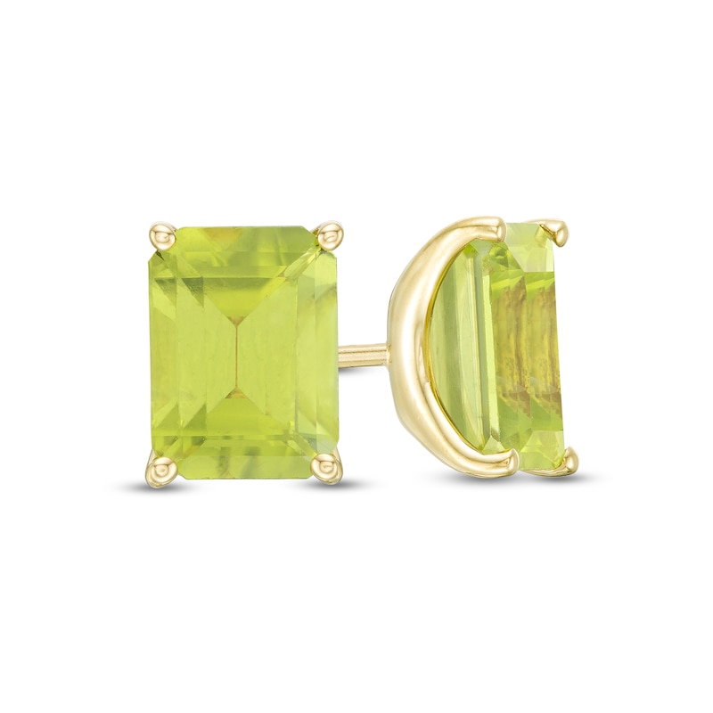 Main Image 1 of Emerald-Cut Peridot Solitaire Stud Earrings in 10K Gold