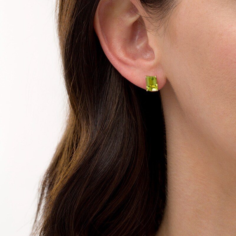 Main Image 2 of Emerald-Cut Peridot Solitaire Stud Earrings in 10K Gold