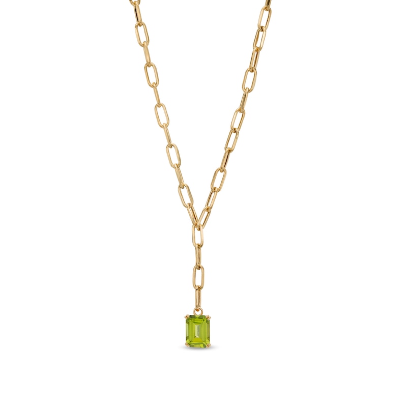 Emerald-Cut Peridot Solitaire and Paper Clip Chain "Y" Necklace in 10K Gold|Peoples Jewellers