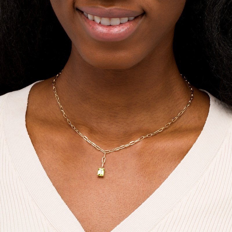 Emerald-Cut Peridot Solitaire and Paper Clip Chain "Y" Necklace in 10K Gold