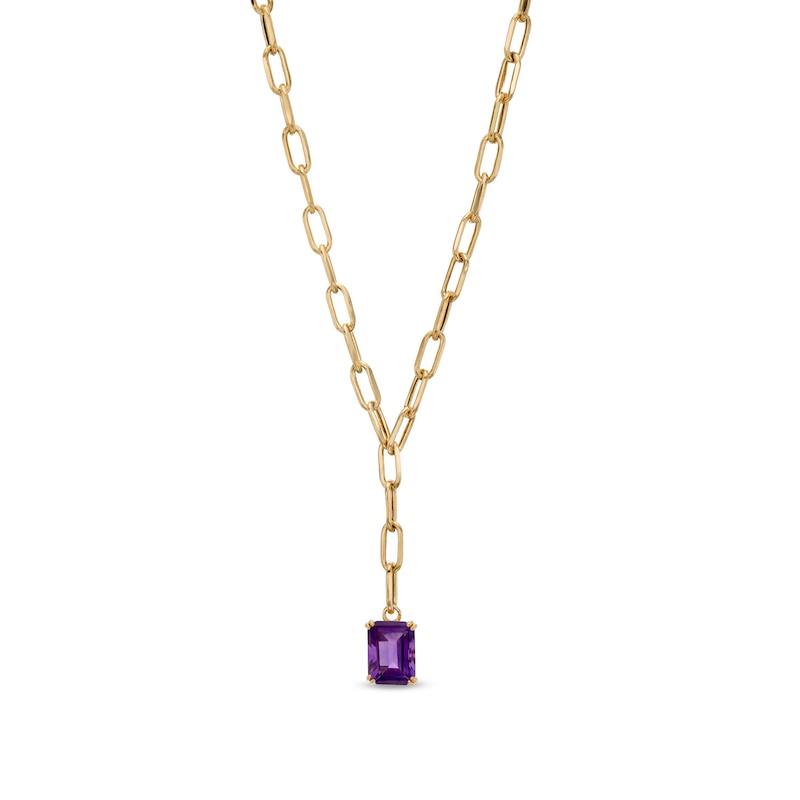 Emerald-Cut Amethyst Solitaire and Paper Clip Chain "Y" Necklace in 10K Gold