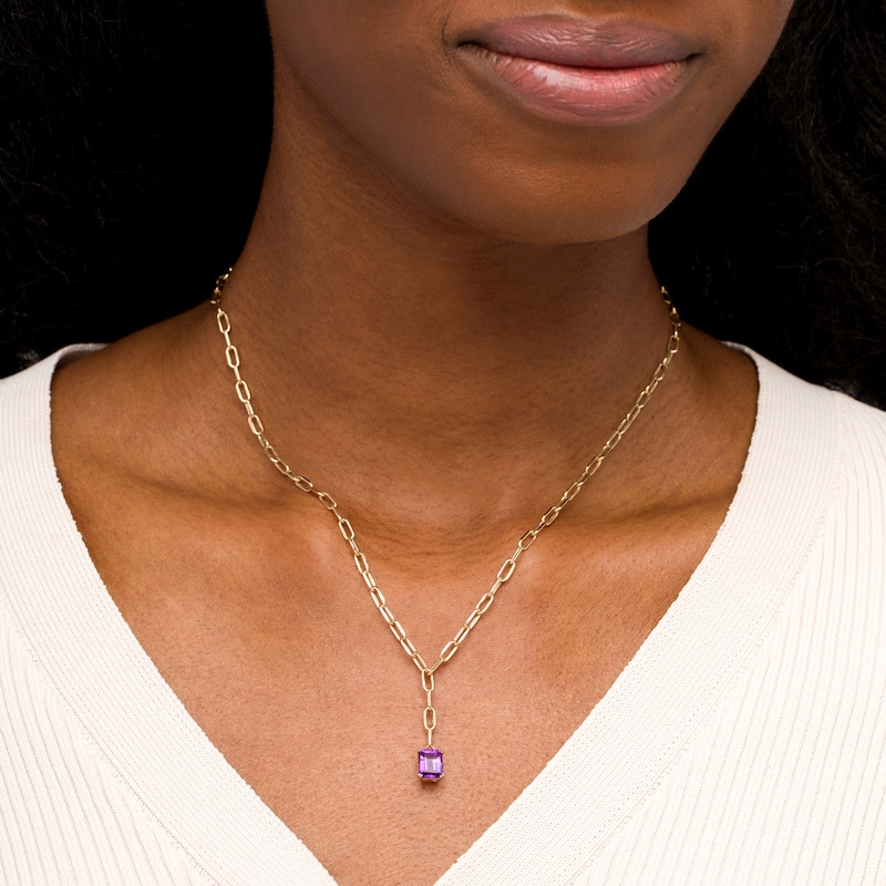 Emerald-Cut Amethyst Solitaire and Paper Clip Chain "Y" Necklace in 10K Gold