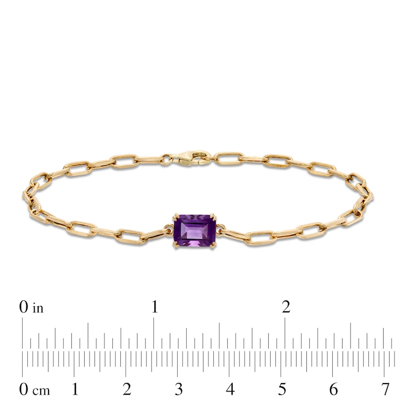 Main Image 4 of Emerald-Cut Amethyst Solitaire and Paper Clip Chain Bracelet in 10K Gold - 7.25"