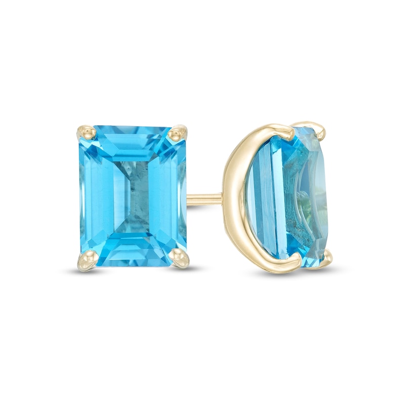 Emerald-Cut Swiss Blue Topaz Solitaire Stud Earrings in 10K Gold|Peoples Jewellers