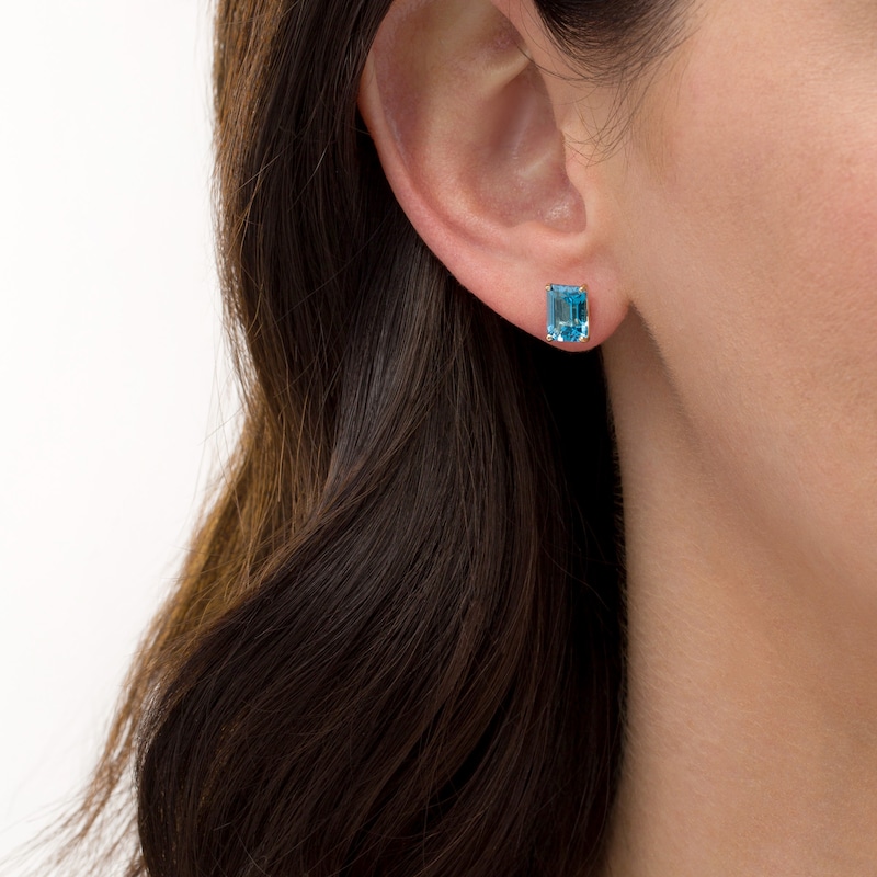 Main Image 2 of Emerald-Cut Swiss Blue Topaz Solitaire Stud Earrings in 10K Gold