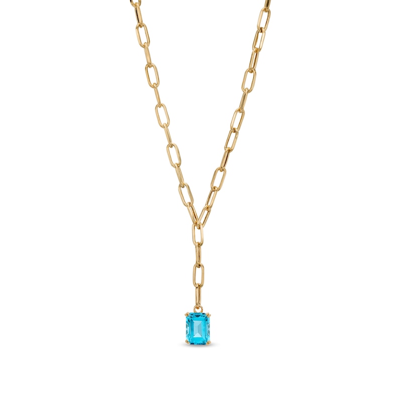 Emerald-Cut Swiss Blue Topaz Solitaire and Paper Clip Chain "Y" Necklace in 10K Gold