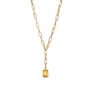 Emerald-Cut Citrine Solitaire and Paper Clip Chain "Y" Necklace in 10K Gold