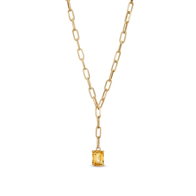 Emerald-Cut Citrine Solitaire and Paper Clip Chain "Y" Necklace in 10K Gold