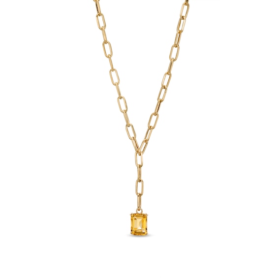 Emerald-Cut Citrine Solitaire and Paper Clip Chain "Y" Necklace in 10K Gold