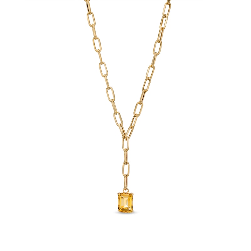 Emerald-Cut Citrine Solitaire and Paper Clip Chain "Y" Necklace in 10K Gold