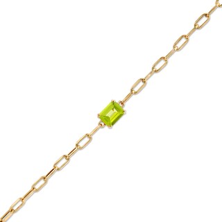 Emerald-Cut Peridot Solitaire and Paper Clip Chain Bracelet in 10K Gold - 7.25"