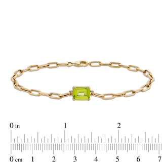 Emerald-Cut Peridot Solitaire and Paper Clip Chain Bracelet in 10K Gold - 7.25"