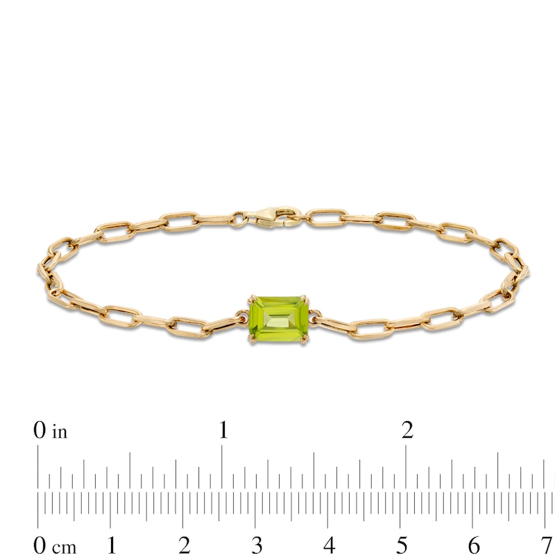 Emerald-Cut Peridot Solitaire and Paper Clip Chain Bracelet in 10K Gold - 7.25"