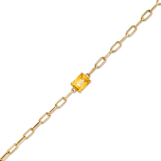 Emerald-Cut Citrine Solitaire and Paper Clip Chain Bracelet in 10K Gold - 7.25"