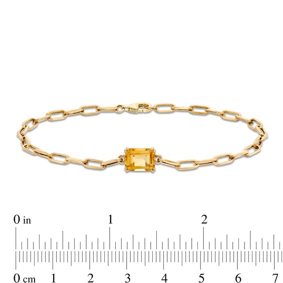 Emerald-Cut Citrine Solitaire and Paper Clip Chain Bracelet in 10K Gold - 7.25"