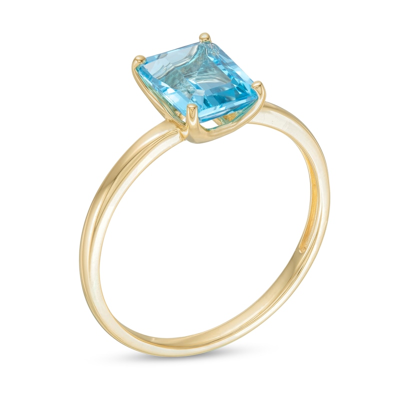 Main Image 3 of Emerald-Cut Swiss Blue Topaz Solitaire Ring in 10K Gold