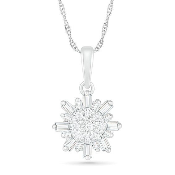 0.23 CT. T.W. Baguette and Round Diamond Snowflake Pendant in 10K White Gold