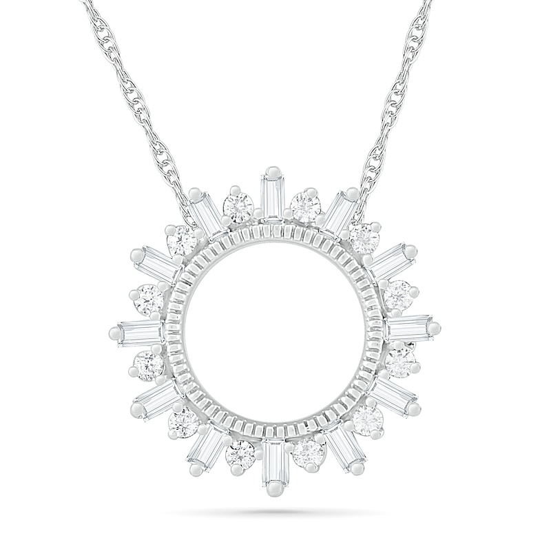 Main Image 1 of 0.23 CT. T.W. Baguette and Round Diamond Circle Sunburst Pendant in 10K White Gold