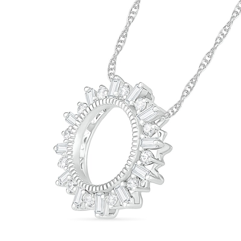 Main Image 2 of 0.23 CT. T.W. Baguette and Round Diamond Circle Sunburst Pendant in 10K White Gold
