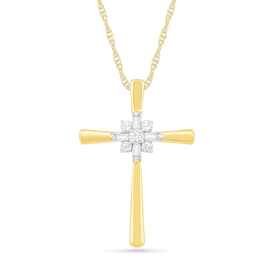 0.085 CT. T.W. Baguette and Round Diamond Cross Sunburst Pendant in 10K Gold