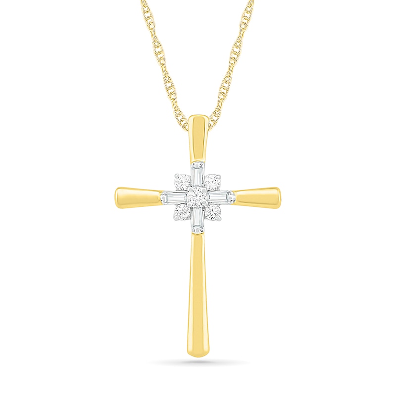 0.085 CT. T.W. Baguette and Round Diamond Cross Sunburst Pendant in 10K Gold