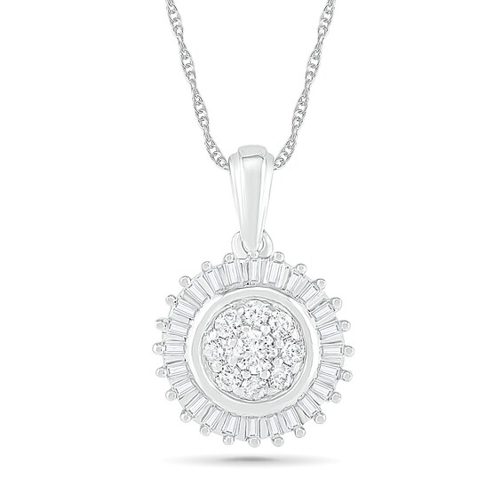 0.38 CT. T.W. Composite Baguette and Round Diamond Sunburst Pendant in 10K White Gold