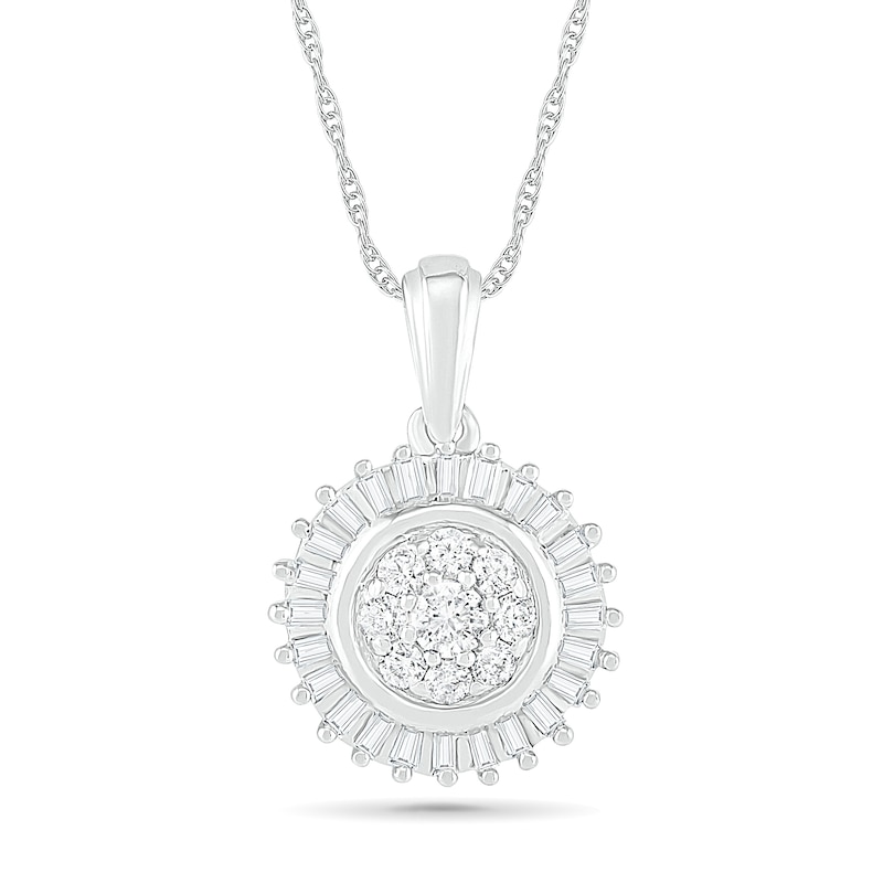 0.38 CT. T.W. Composite Baguette and Round Diamond Sunburst Pendant in 10K White Gold