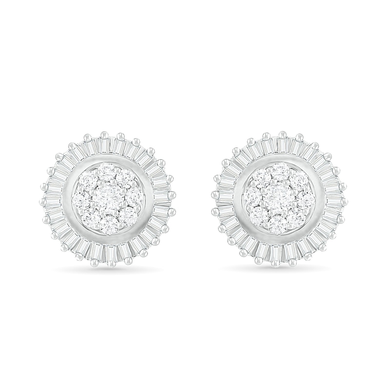 0.58 CT. T.W. Composite Baguette and Round Diamond Sunburst Stud Earrings in 10K White Gold