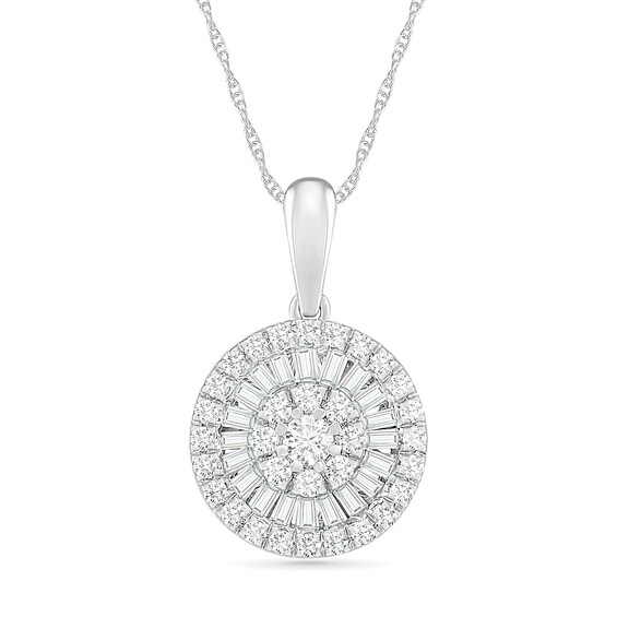 0.45 CT. T.W. Composite Baguette and Round Diamond Double Frame Pendant in 10K White Gold