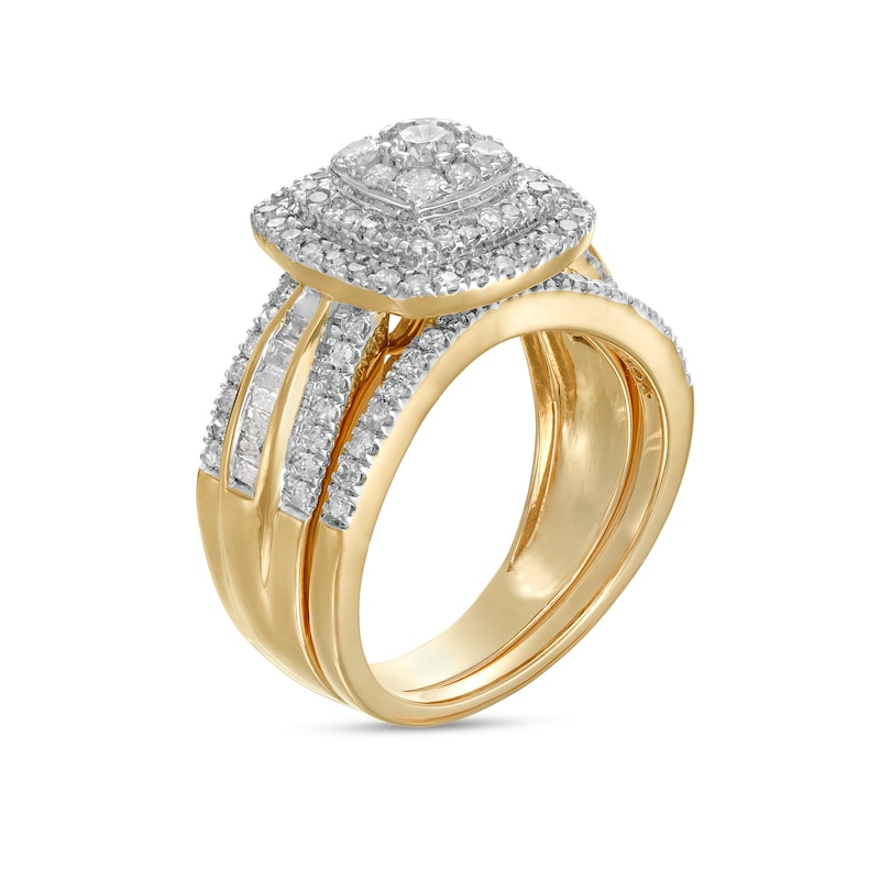 Main Image 3 of 1.23 CT. T.W. Baguette and Round Multi-Diamond Double Cushion-Shape Frame Bridal Set in 10K Gold