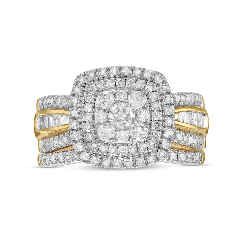 Main Image 4 of 1.23 CT. T.W. Baguette and Round Multi-Diamond Double Cushion-Shape Frame Bridal Set in 10K Gold