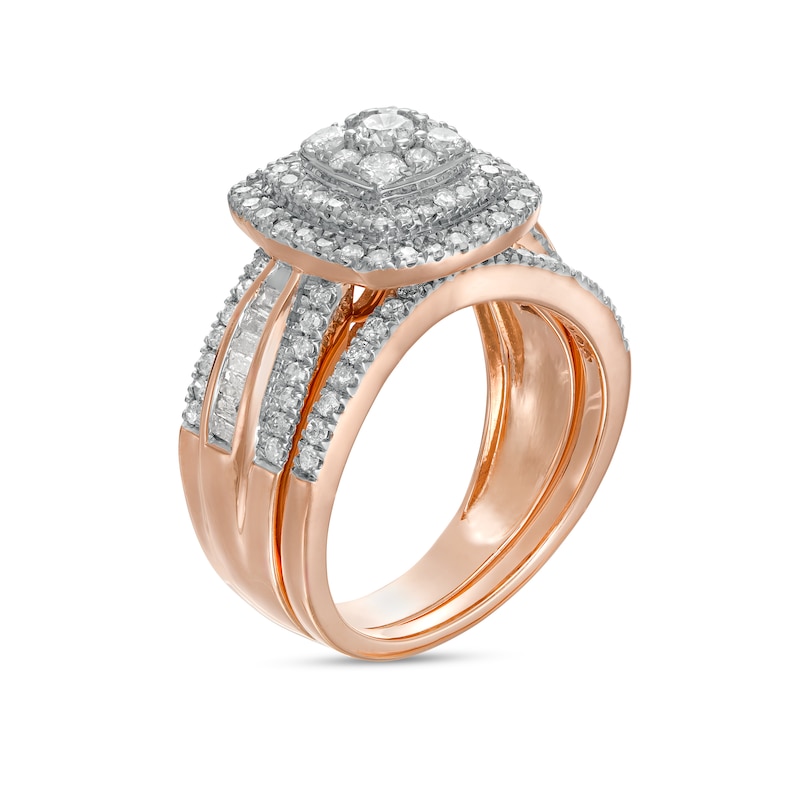 Main Image 3 of 1.23 CT. T.W. Multi-Diamond Double Cushion-Shape Frame Bridal Set in 10K Rose Gold