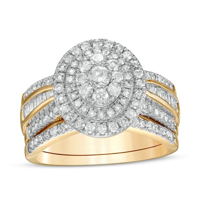 1.23 CT. T.W. Composite Baguette and Round Diamond Double Oval-Shape Frame Bridal Set in 10K Gold