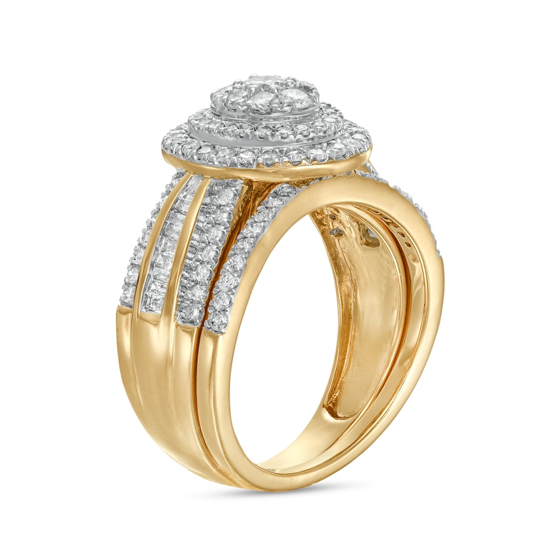 1.23 CT. T.W. Composite Baguette and Round Diamond Double Oval-Shape Frame Bridal Set in 10K Gold