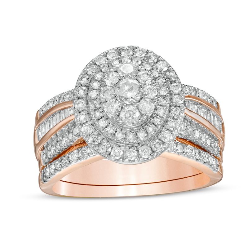 1.23 CT. T.W. Composite Baguette and Round Diamond Double Oval-Shape Frame Bridal Set in 10K Rose Gold