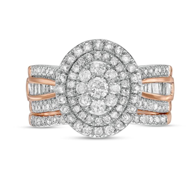 1.23 CT. T.W. Composite Baguette and Round Diamond Double Oval-Shape Frame Bridal Set in 10K Rose Gold