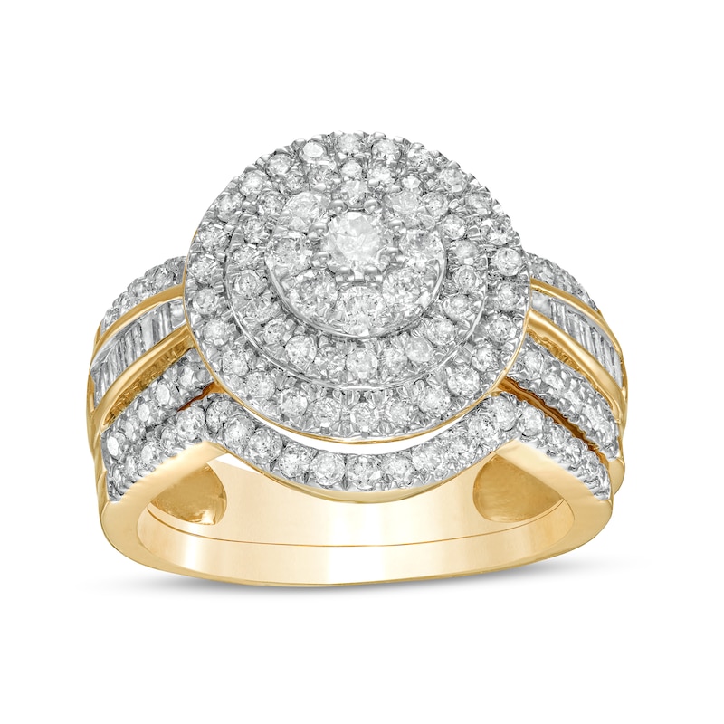 1.23 CT. T.W. Composite Baguette and Round Diamond Double Frame Bridal Set in 10K Gold