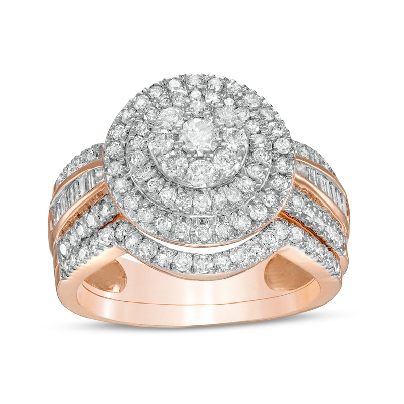 1.23 CT. T.W. Composite Baguette and Round Diamond Double Frame Bridal Set in 10K Rose Gold