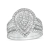 1.23 CT. T.W. Composite Baguette and Round Diamond Layered Pear-Shape Frame Bridal Set in 10K White Gold
