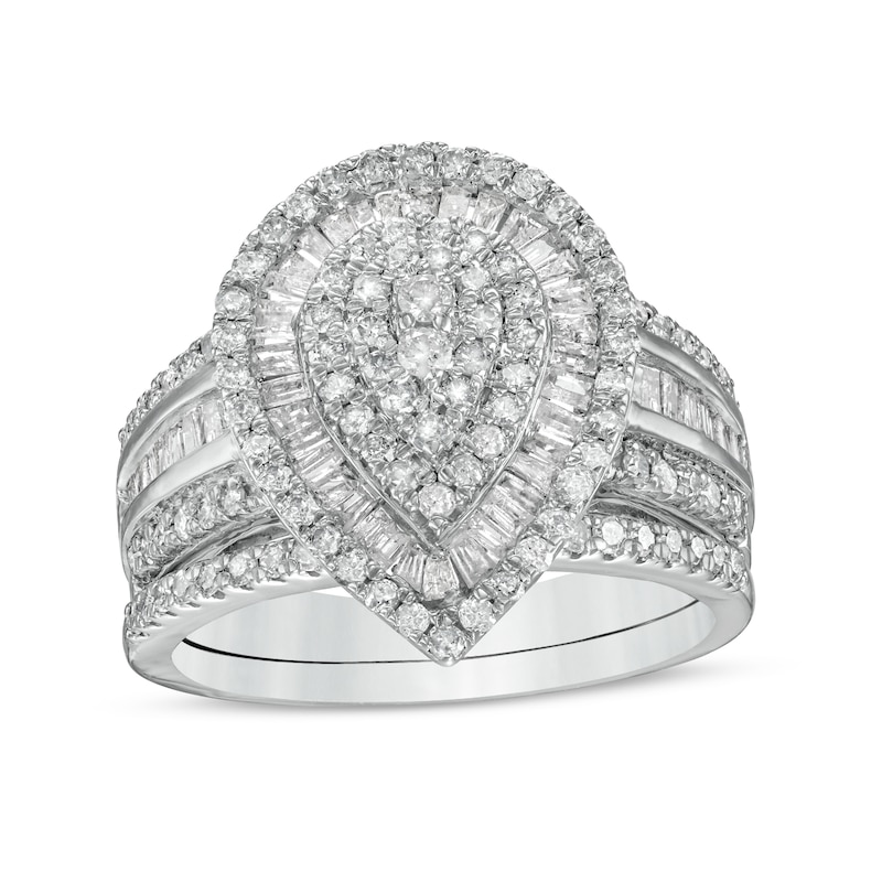 1.23 CT. T.W. Composite Baguette and Round Diamond Layered Pear-Shape Frame Bridal Set in 10K White Gold