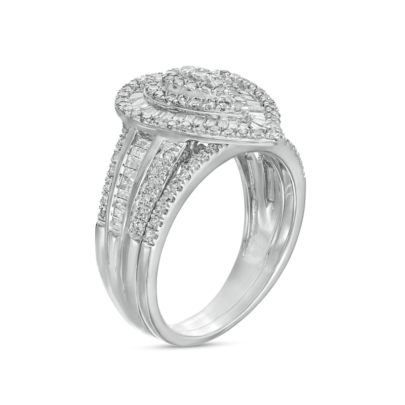 1.23 CT. T.W. Composite Baguette and Round Diamond Layered Pear-Shape Frame Bridal Set in 10K White Gold