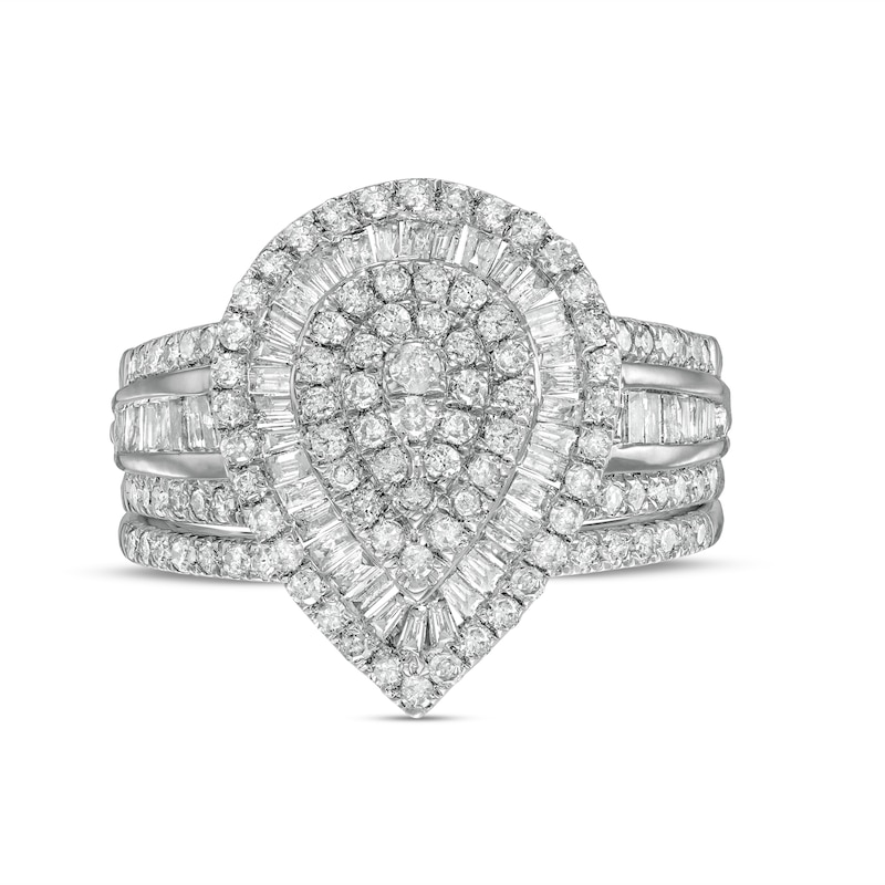 1.23 CT. T.W. Composite Baguette and Round Diamond Layered Pear-Shape Frame Bridal Set in 10K White Gold