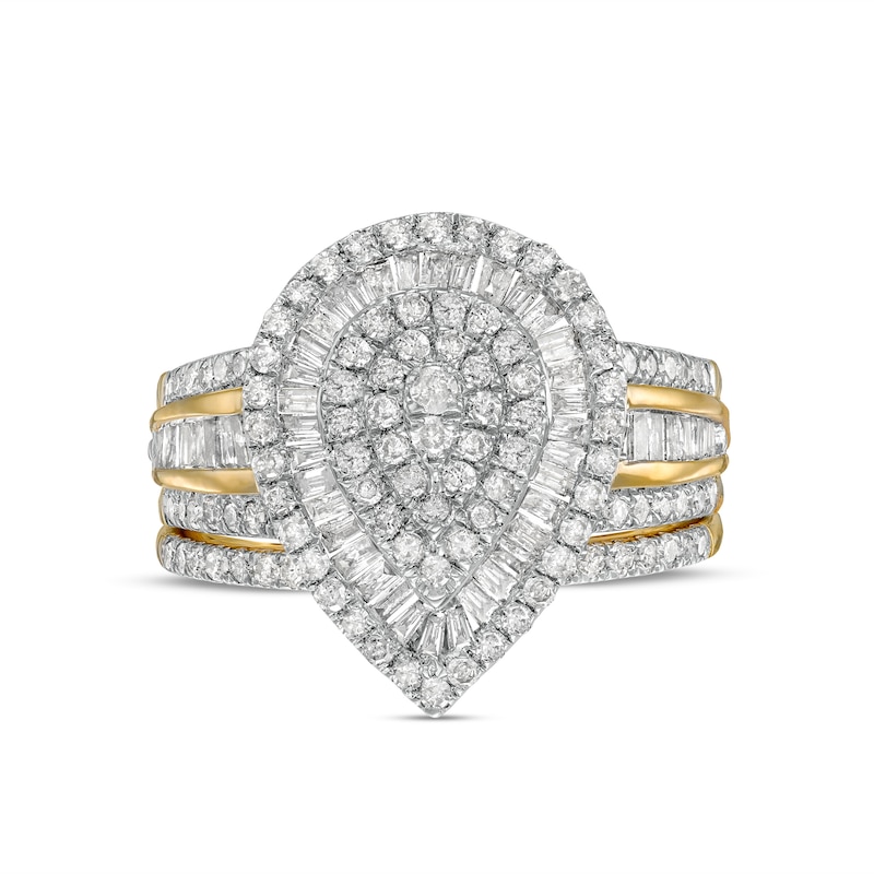 1.23 CT. T.W. Composite Baguette and Round Diamond Layered Pear-Shape Frame Bridal Set in 10K Gold
